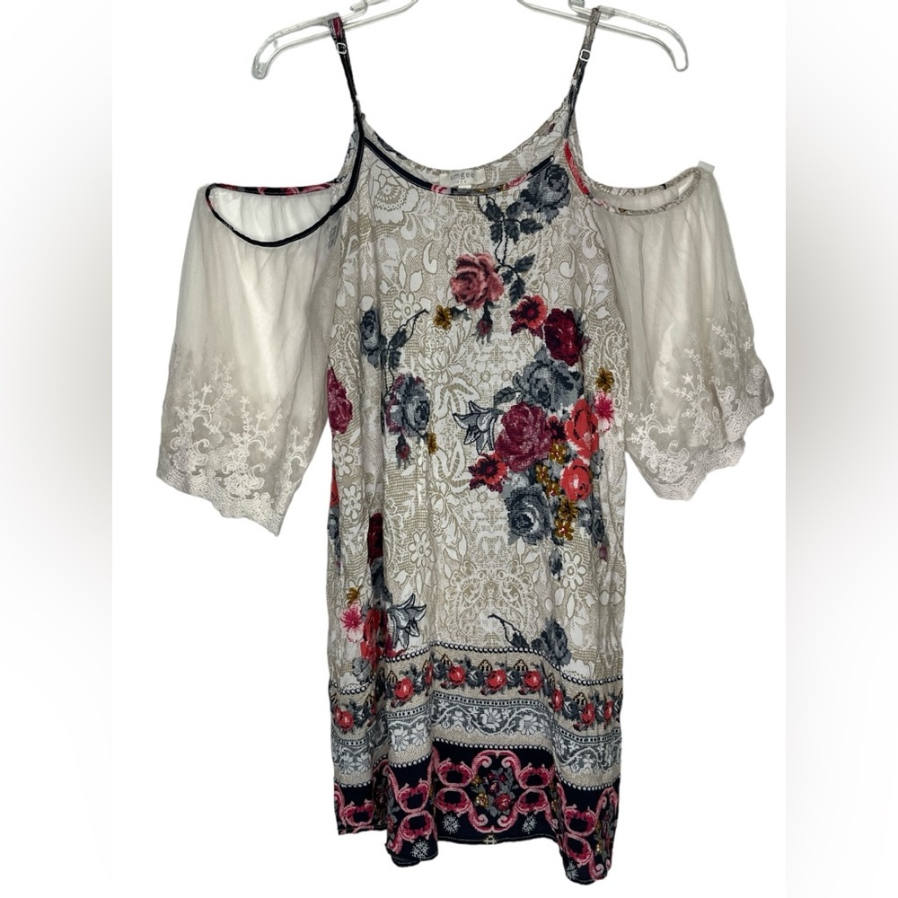 Umgee Cold Shoulder Lace Short Sleeve Floral Tunic Lightweight Women‎ Medium
